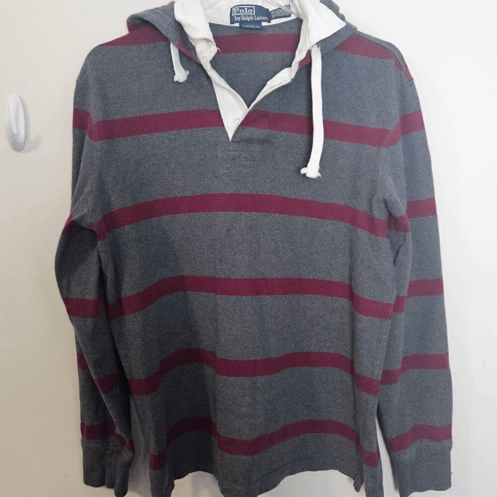 Vintage Polo Ralph Lauren Collared Hoodie Long Sleeve Striped Men's Gray/Red Siz